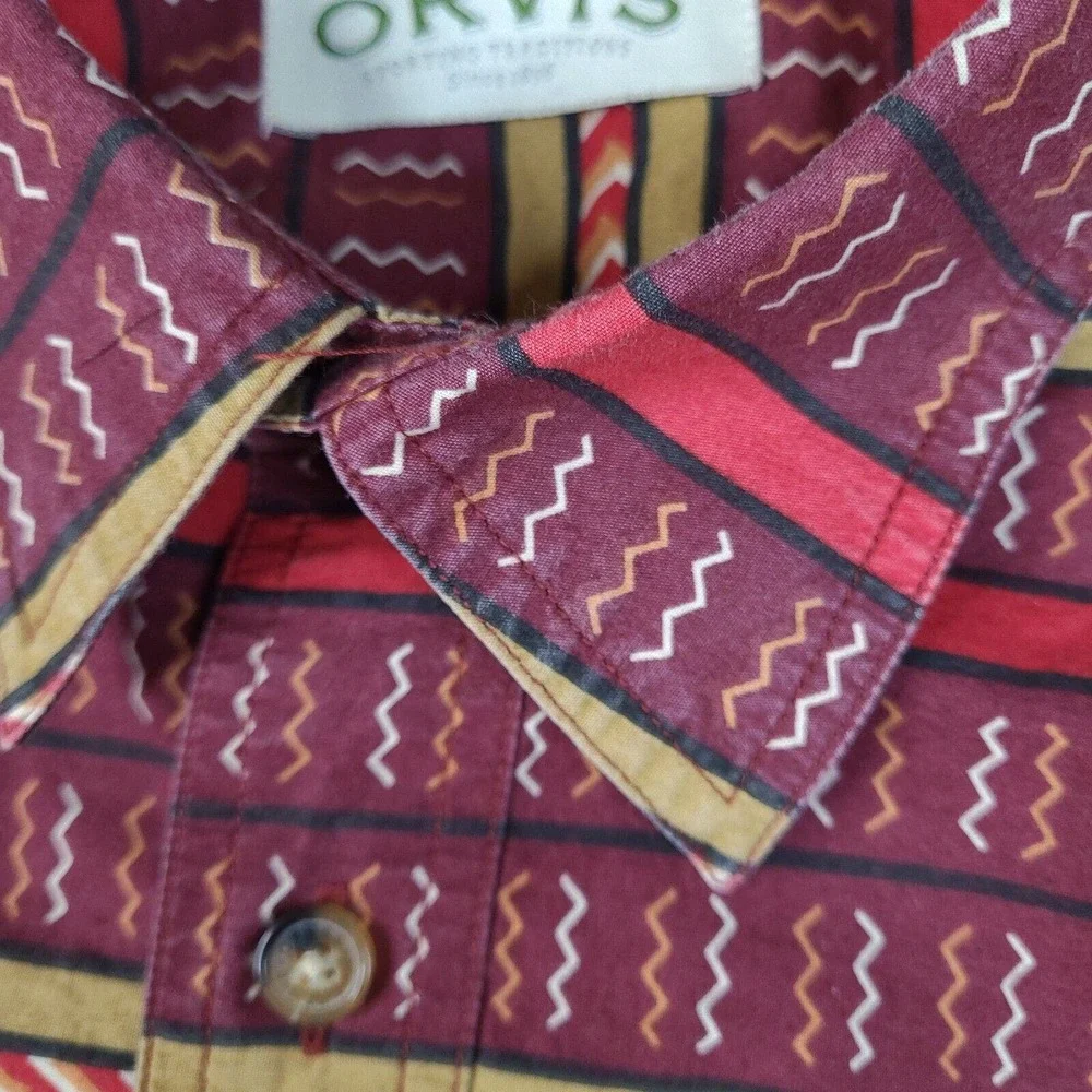 Orvis Shirt Mens Large Red Burgundy‎ Tribal Button Down Short Sleeve Cotton